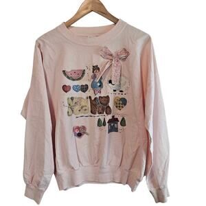 Vintage Cat Shirt Women Large Pink 80s Patchwork Grandma Rustic Cottage Retro